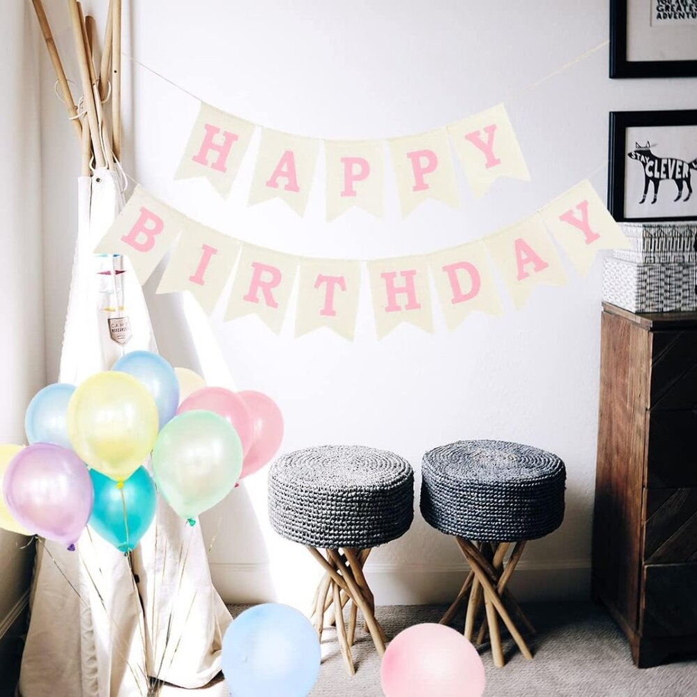 Burlap Happy Birthday Banner, Assembled Reusable Pink Happy Birthday Sign